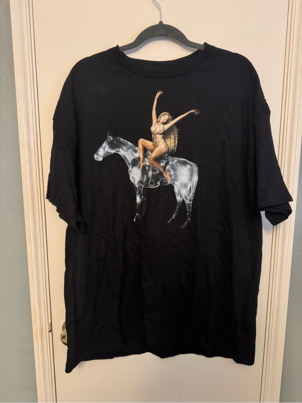 Beyoncé Black Graphic Tee with Metallic Horse and Gold Figure